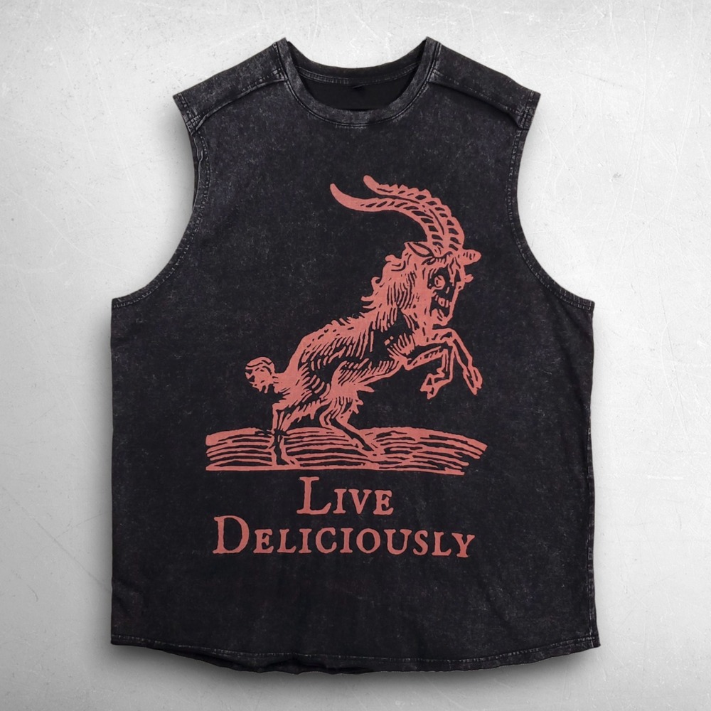 Live Deliciously Phillip Graphic Muscle Tank Men 3XL Black Acid Wash Goth Occult